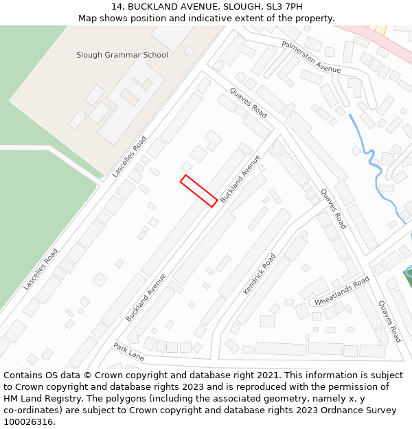 14, BUCKLAND AVENUE, SLOUGH, SL3 7PH: Location map and indicative extent of plot