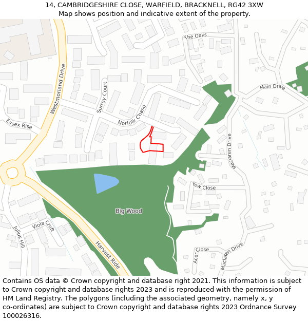 14, CAMBRIDGESHIRE CLOSE, WARFIELD, BRACKNELL, RG42 3XW: Location map and indicative extent of plot