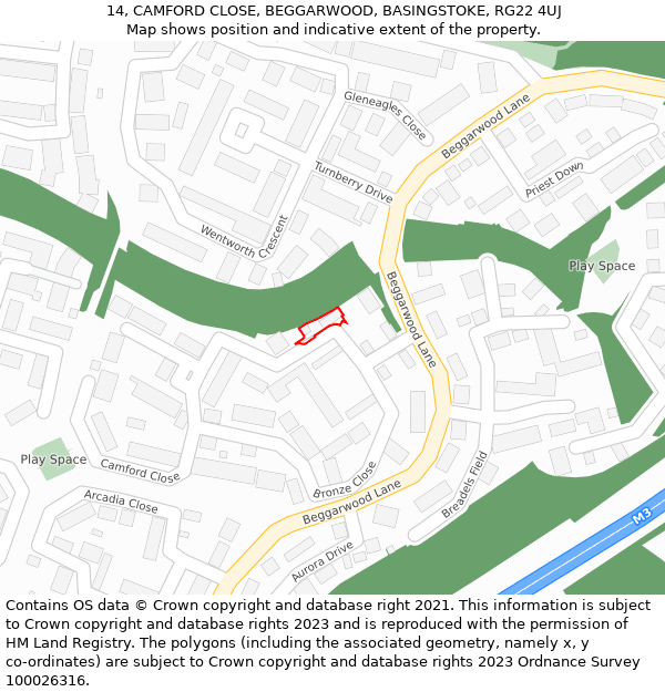 14, CAMFORD CLOSE, BEGGARWOOD, BASINGSTOKE, RG22 4UJ: Location map and indicative extent of plot