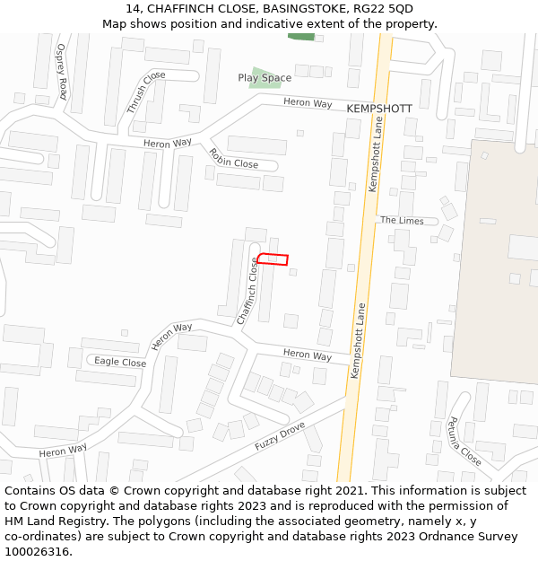 14, CHAFFINCH CLOSE, BASINGSTOKE, RG22 5QD: Location map and indicative extent of plot