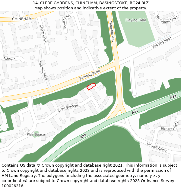 14, CLERE GARDENS, CHINEHAM, BASINGSTOKE, RG24 8LZ: Location map and indicative extent of plot