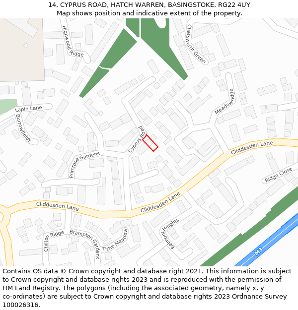 14, CYPRUS ROAD, HATCH WARREN, BASINGSTOKE, RG22 4UY: Location map and indicative extent of plot