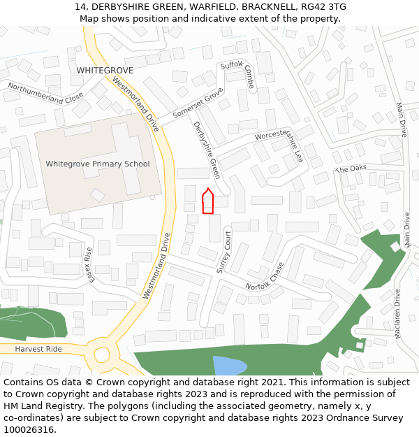 14, DERBYSHIRE GREEN, WARFIELD, BRACKNELL, RG42 3TG: Location map and indicative extent of plot