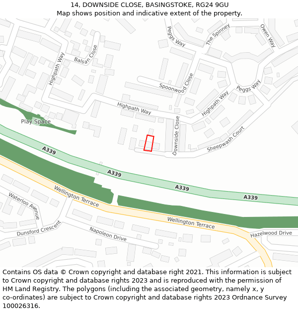 14, DOWNSIDE CLOSE, BASINGSTOKE, RG24 9GU: Location map and indicative extent of plot