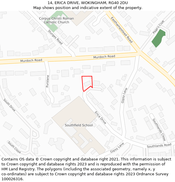 14, ERICA DRIVE, WOKINGHAM, RG40 2DU: Location map and indicative extent of plot