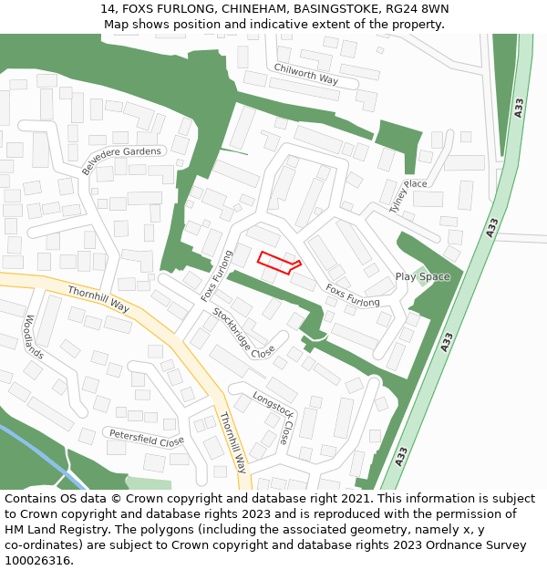 14, FOXS FURLONG, CHINEHAM, BASINGSTOKE, RG24 8WN: Location map and indicative extent of plot