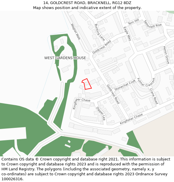 14, GOLDCREST ROAD, BRACKNELL, RG12 8DZ: Location map and indicative extent of plot