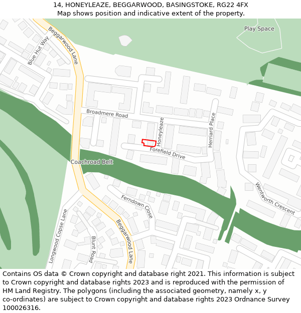 14, HONEYLEAZE, BEGGARWOOD, BASINGSTOKE, RG22 4FX: Location map and indicative extent of plot