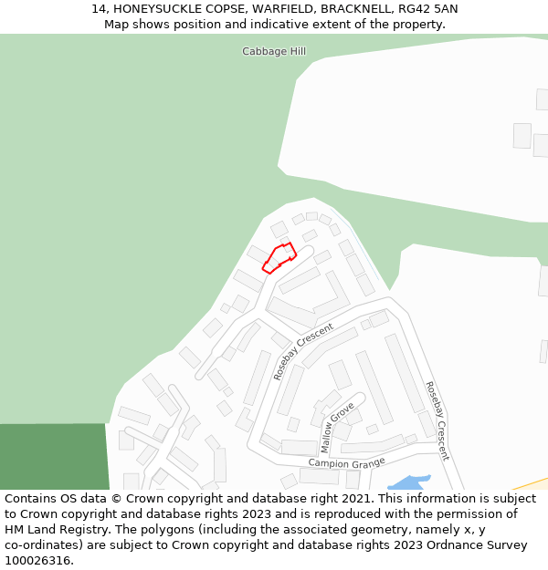 14, HONEYSUCKLE COPSE, WARFIELD, BRACKNELL, RG42 5AN: Location map and indicative extent of plot