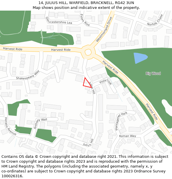 14, JULIUS HILL, WARFIELD, BRACKNELL, RG42 3UN: Location map and indicative extent of plot