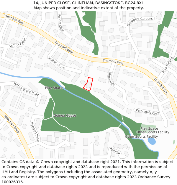 14, JUNIPER CLOSE, CHINEHAM, BASINGSTOKE, RG24 8XH: Location map and indicative extent of plot