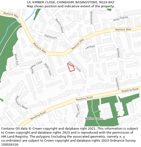 14, KIMBER CLOSE, CHINEHAM, BASINGSTOKE, RG24 8XZ: Location map and indicative extent of plot