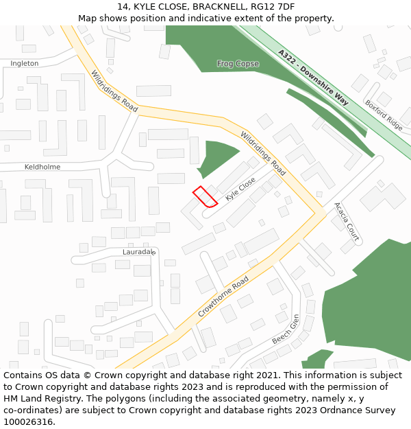 14, KYLE CLOSE, BRACKNELL, RG12 7DF: Location map and indicative extent of plot