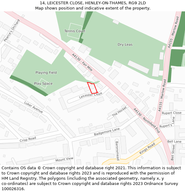 14, LEICESTER CLOSE, HENLEY-ON-THAMES, RG9 2LD: Location map and indicative extent of plot