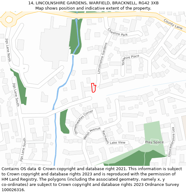 14, LINCOLNSHIRE GARDENS, WARFIELD, BRACKNELL, RG42 3XB: Location map and indicative extent of plot