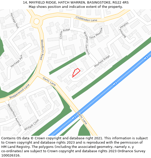 14, MAYFIELD RIDGE, HATCH WARREN, BASINGSTOKE, RG22 4RS: Location map and indicative extent of plot