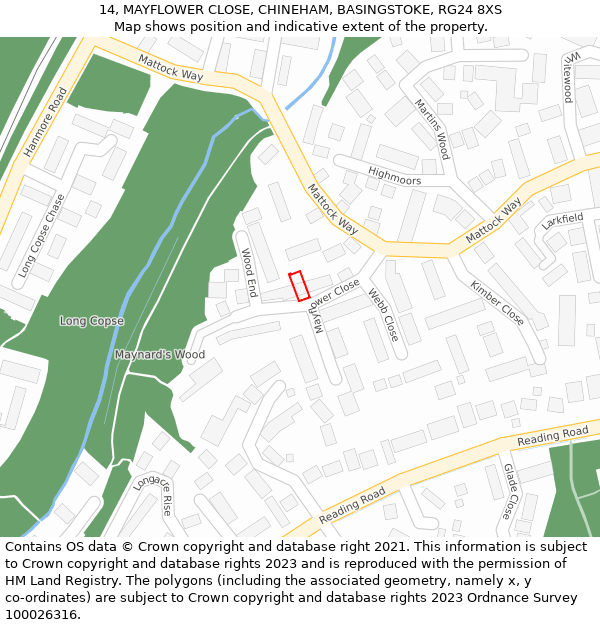 14, MAYFLOWER CLOSE, CHINEHAM, BASINGSTOKE, RG24 8XS: Location map and indicative extent of plot