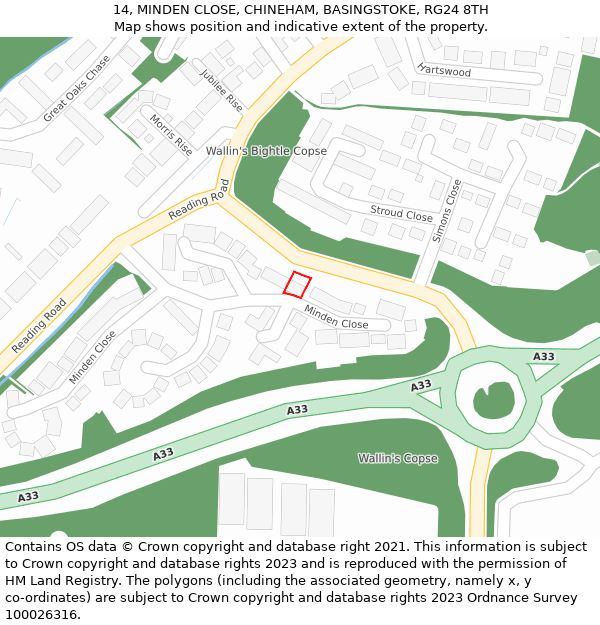 14, MINDEN CLOSE, CHINEHAM, BASINGSTOKE, RG24 8TH: Location map and indicative extent of plot