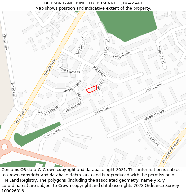 14, PARK LANE, BINFIELD, BRACKNELL, RG42 4UL: Location map and indicative extent of plot