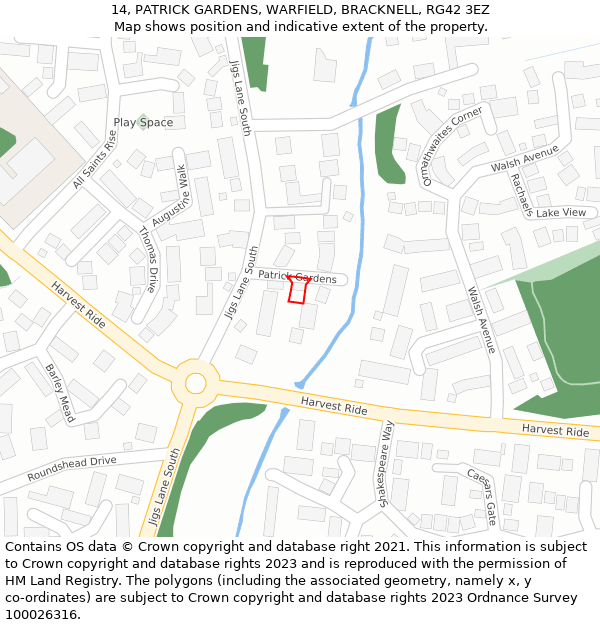 14, PATRICK GARDENS, WARFIELD, BRACKNELL, RG42 3EZ: Location map and indicative extent of plot