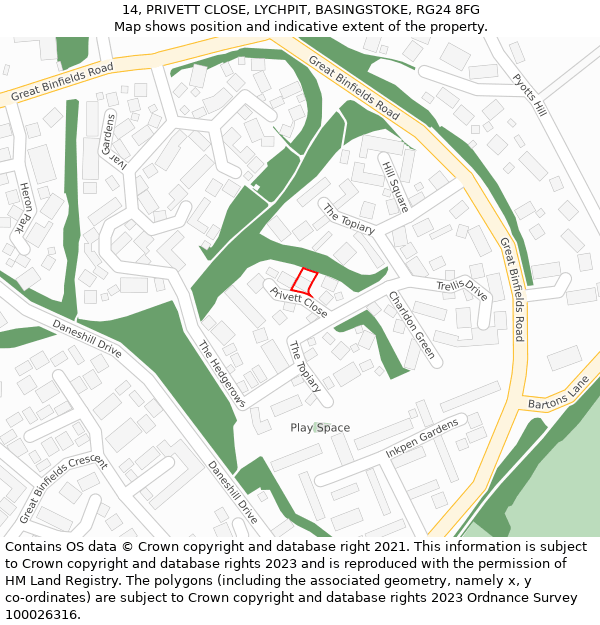 14, PRIVETT CLOSE, LYCHPIT, BASINGSTOKE, RG24 8FG: Location map and indicative extent of plot