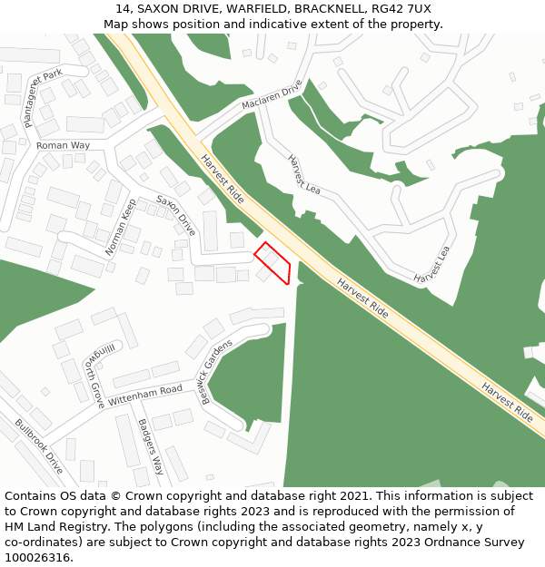 14, SAXON DRIVE, WARFIELD, BRACKNELL, RG42 7UX: Location map and indicative extent of plot