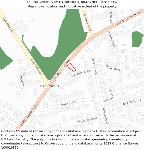 14, SPRINGFIELD ROAD, BINFIELD, BRACKNELL, RG12 8TW: Location map and indicative extent of plot