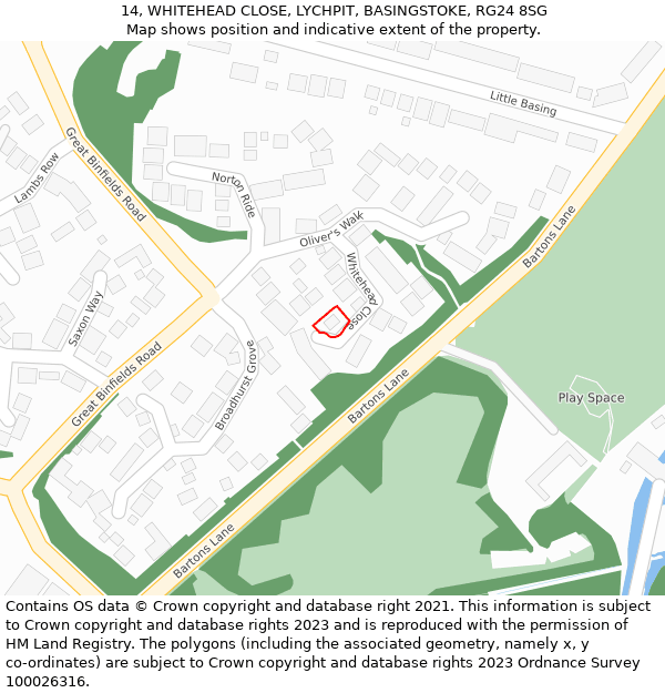 14, WHITEHEAD CLOSE, LYCHPIT, BASINGSTOKE, RG24 8SG: Location map and indicative extent of plot