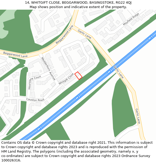 14, WHITGIFT CLOSE, BEGGARWOOD, BASINGSTOKE, RG22 4QJ: Location map and indicative extent of plot