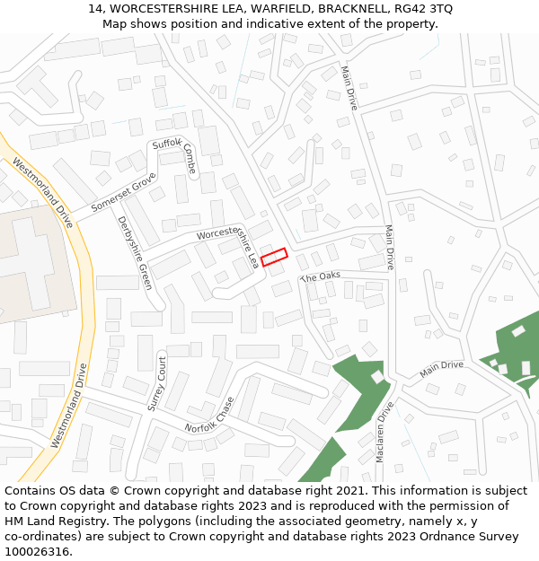 14, WORCESTERSHIRE LEA, WARFIELD, BRACKNELL, RG42 3TQ: Location map and indicative extent of plot