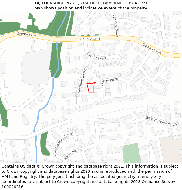 14, YORKSHIRE PLACE, WARFIELD, BRACKNELL, RG42 3XE: Location map and indicative extent of plot