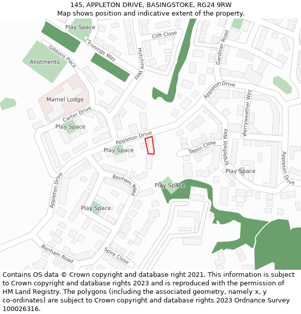 145, APPLETON DRIVE, BASINGSTOKE, RG24 9RW: Location map and indicative extent of plot