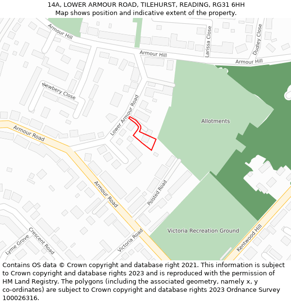 14A, LOWER ARMOUR ROAD, TILEHURST, READING, RG31 6HH: Location map and indicative extent of plot