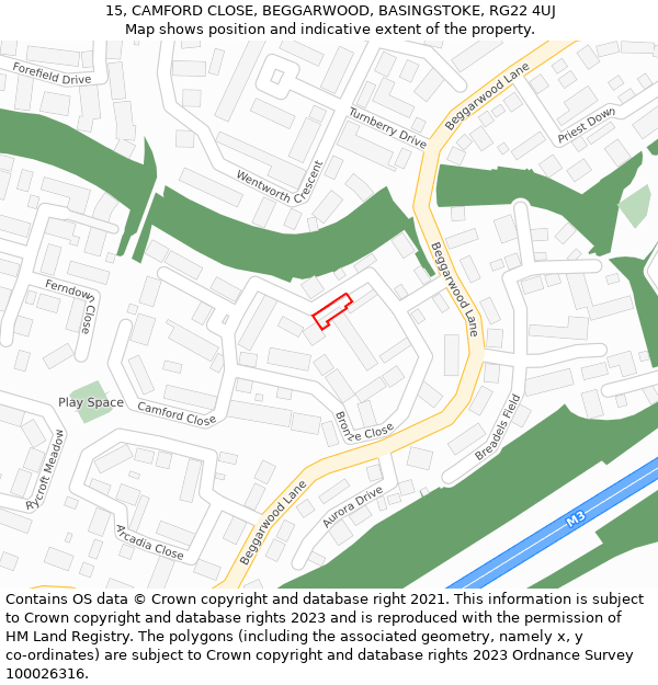 15, CAMFORD CLOSE, BEGGARWOOD, BASINGSTOKE, RG22 4UJ: Location map and indicative extent of plot