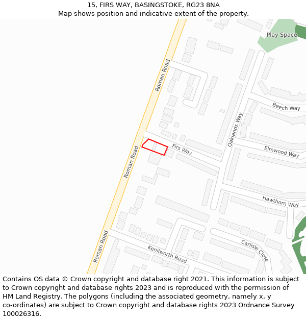 15, FIRS WAY, BASINGSTOKE, RG23 8NA: Location map and indicative extent of plot