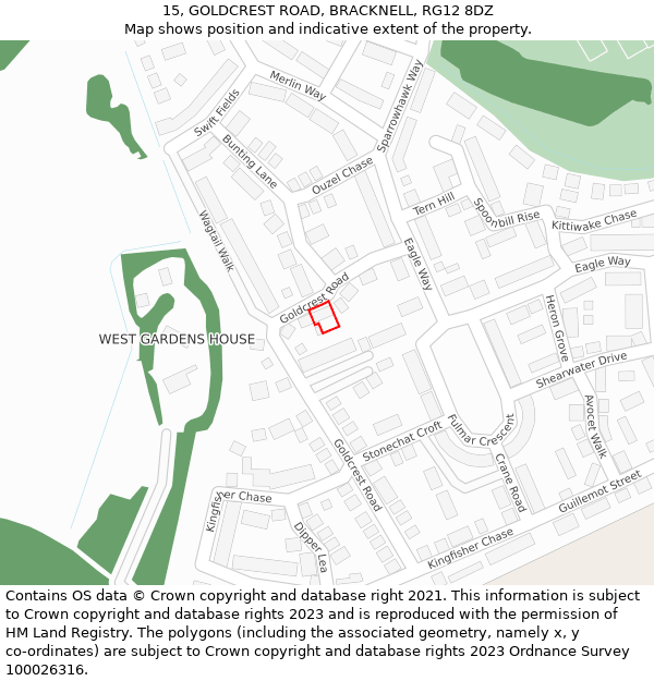 15, GOLDCREST ROAD, BRACKNELL, RG12 8DZ: Location map and indicative extent of plot