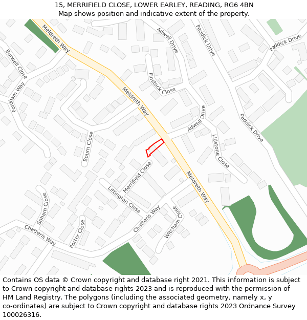 15, MERRIFIELD CLOSE, LOWER EARLEY, READING, RG6 4BN: Location map and indicative extent of plot