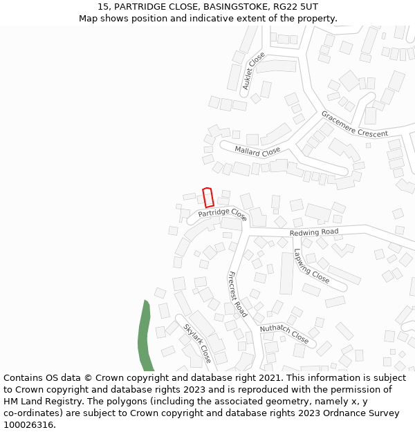 15, PARTRIDGE CLOSE, BASINGSTOKE, RG22 5UT: Location map and indicative extent of plot