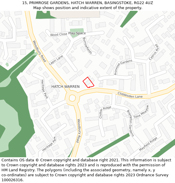 15, PRIMROSE GARDENS, HATCH WARREN, BASINGSTOKE, RG22 4UZ: Location map and indicative extent of plot