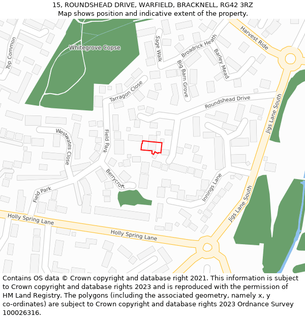 15, ROUNDSHEAD DRIVE, WARFIELD, BRACKNELL, RG42 3RZ: Location map and indicative extent of plot