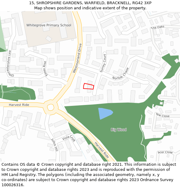 15, SHROPSHIRE GARDENS, WARFIELD, BRACKNELL, RG42 3XP: Location map and indicative extent of plot