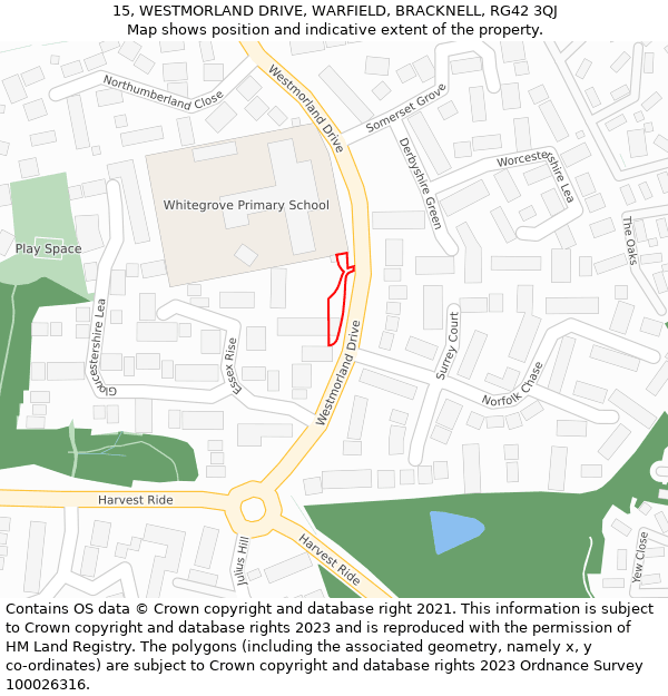 15, WESTMORLAND DRIVE, WARFIELD, BRACKNELL, RG42 3QJ: Location map and indicative extent of plot
