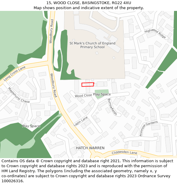 15, WOOD CLOSE, BASINGSTOKE, RG22 4XU: Location map and indicative extent of plot