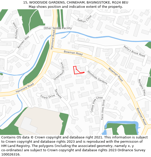 15, WOODSIDE GARDENS, CHINEHAM, BASINGSTOKE, RG24 8EU: Location map and indicative extent of plot