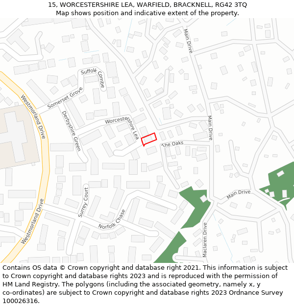 15, WORCESTERSHIRE LEA, WARFIELD, BRACKNELL, RG42 3TQ: Location map and indicative extent of plot