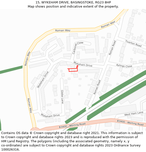 15, WYKEHAM DRIVE, BASINGSTOKE, RG23 8HP: Location map and indicative extent of plot