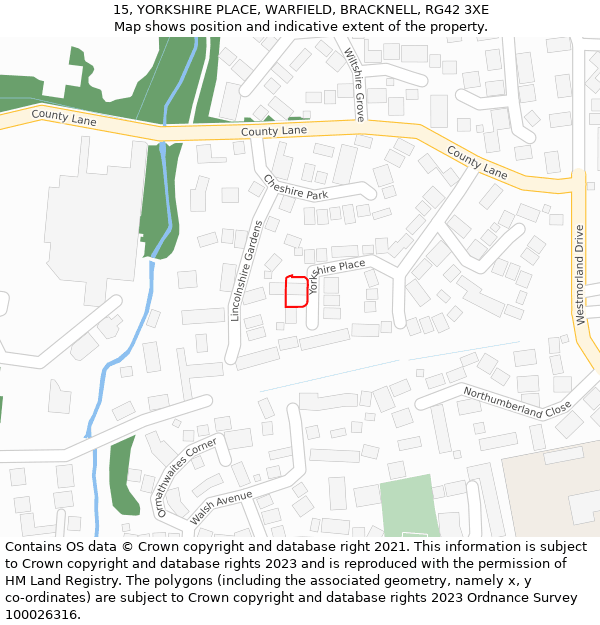 15, YORKSHIRE PLACE, WARFIELD, BRACKNELL, RG42 3XE: Location map and indicative extent of plot