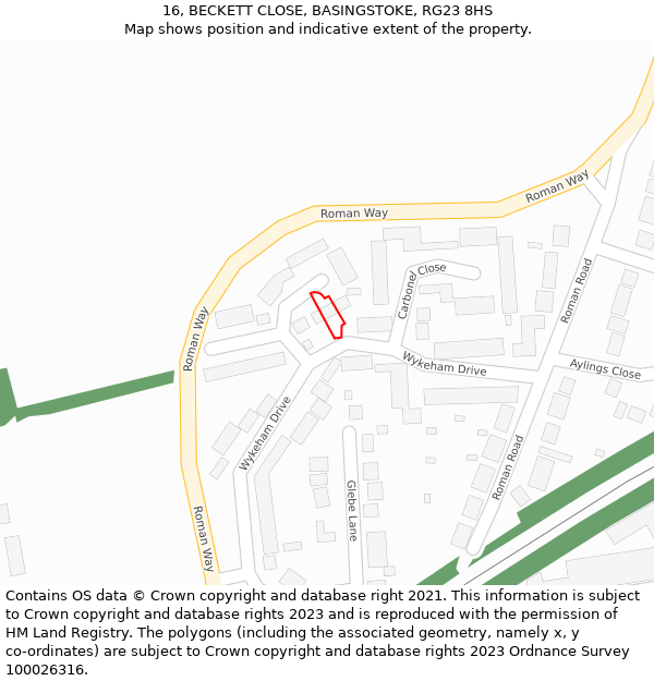 16, BECKETT CLOSE, BASINGSTOKE, RG23 8HS: Location map and indicative extent of plot