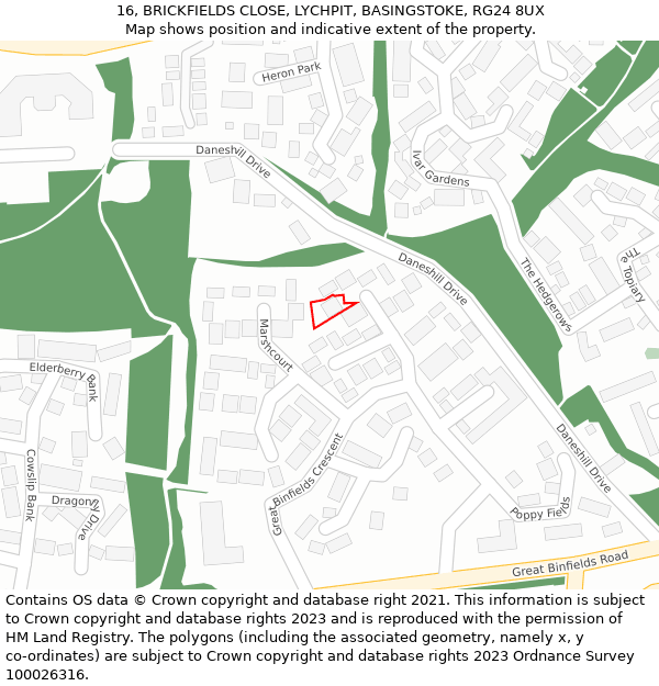 16, BRICKFIELDS CLOSE, LYCHPIT, BASINGSTOKE, RG24 8UX: Location map and indicative extent of plot