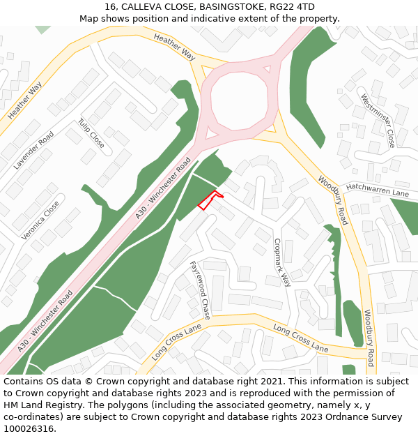 16, CALLEVA CLOSE, BASINGSTOKE, RG22 4TD: Location map and indicative extent of plot